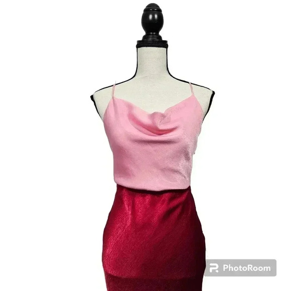 Lulus Exquisite Evening Pink Red Color Block Satin Maxi Dress Valentine's Day - Picture 5 of 14